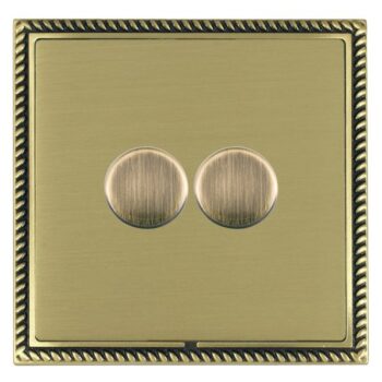 Hamilton LGX2XLEDITB100AB-SB Linea-Georgian CFX Antique Brass Frame/Satin Brass Plate 2 Gang 100W 2 Way Push On/Off Rotary Switching LED Dimmer with Antique Brass Knobs